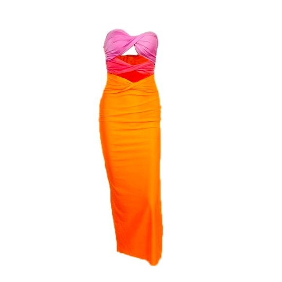 Split Cutout Strapless Party Maxi Dress Orange and Pink - Picture 2 of 6